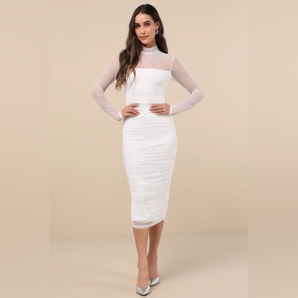 Lulus Dresses & Skirts - Lulus Impressive Flirt White Mesh Ruched Mock Neck
Midi Dress